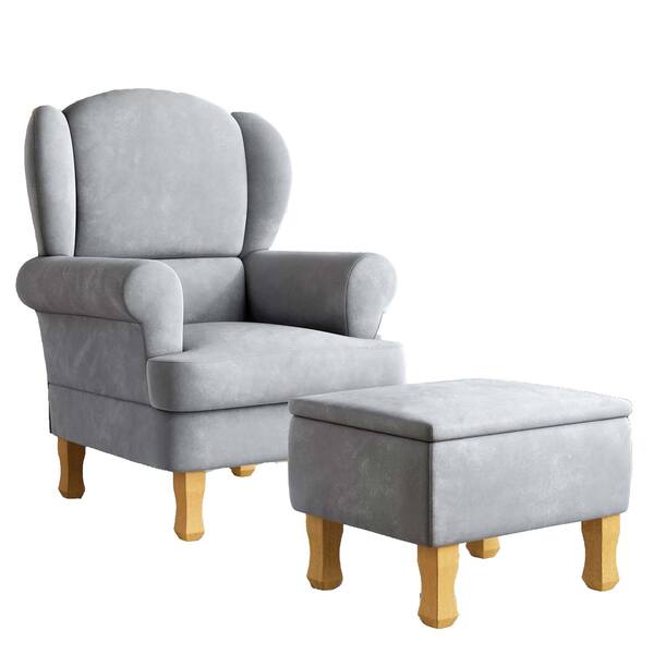 Poltrona Amamentação Sabrina Pes Madeira Puff Bau Linho Cinza