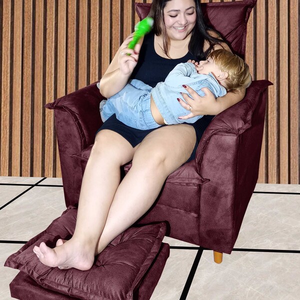 Poltrona Amamentação Sala De Estar Milla Puff E Almofada Bordo