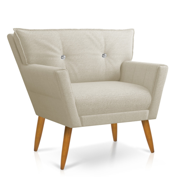 Poltrona Anitta Com Strass Linho Bege A19 Pés Palito Castanho