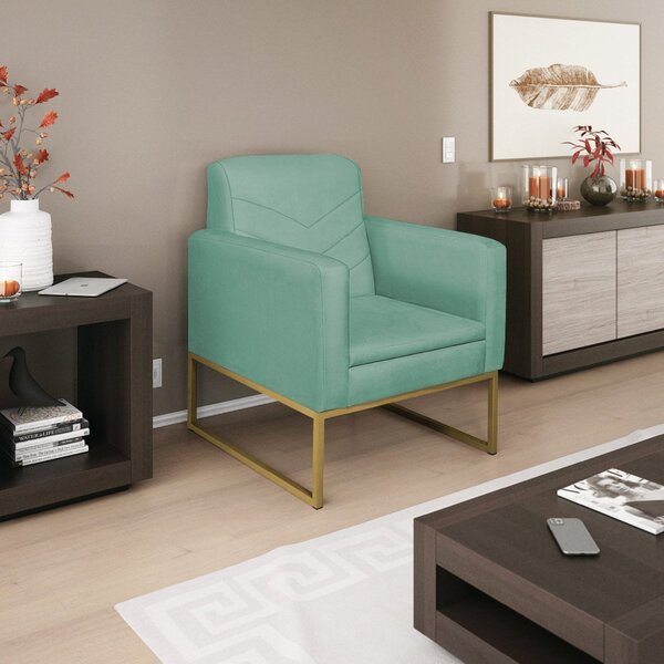 Poltrona Base De Ferro Dourada Linho Bali  Azul Turquesa