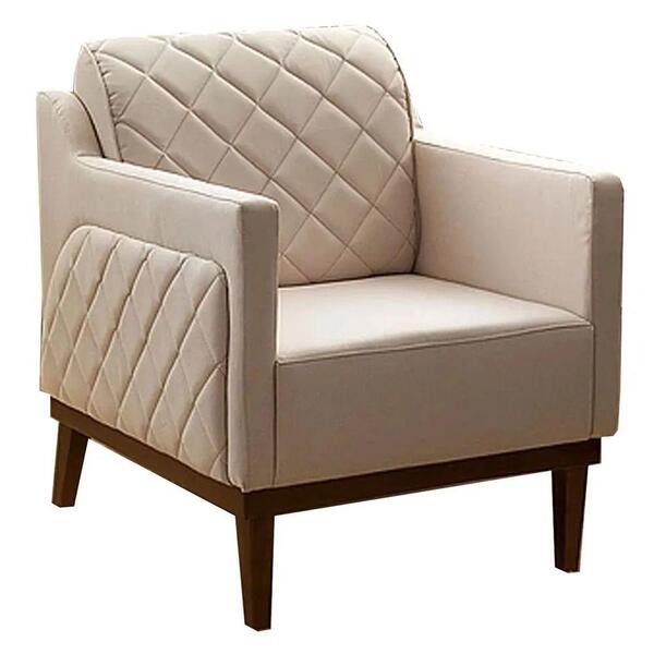 Poltrona Base De Madeira Fenix Matelassê Linho Off White