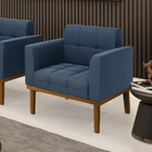 Poltrona Base De Madeira Fixa Castanho Elisa Suede Azul Marin