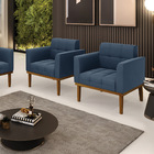 Poltrona Base De Madeira Fixa Castanho Kit 2 Elisa Suede Azul