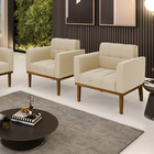 Poltrona Base De Madeira Fixa Castanho Kit 2 Elisa Suede Bege