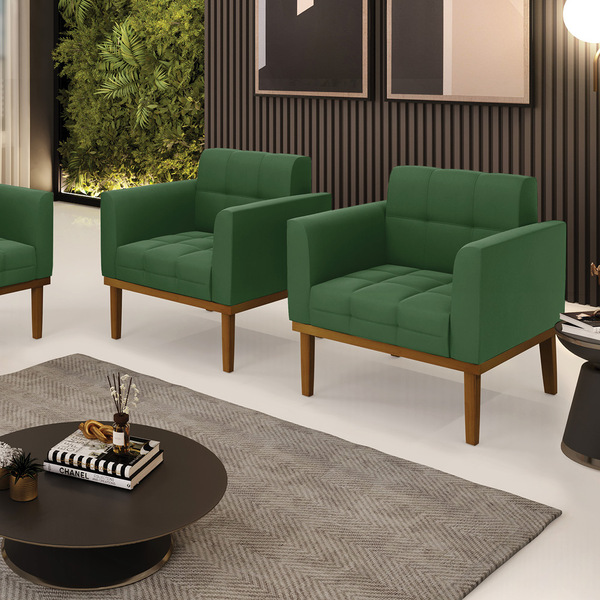 Poltrona Base De Madeira Fixa Castanho Kit 2 Elisa Suede D03