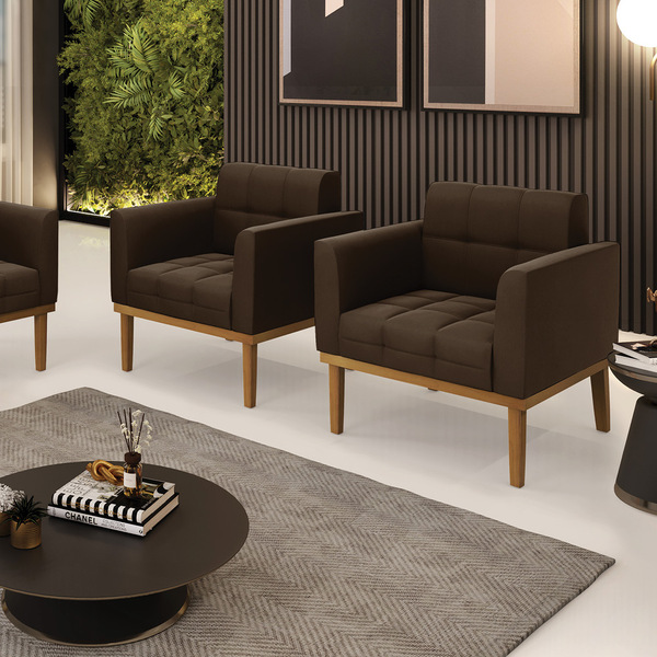 Poltrona Base De Madeira Fixa Castanho Kit 2 Elisa Suede D03