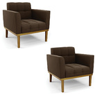 Poltrona Base De Madeira Fixa Castanho Kit 2 Elisa Suede D03