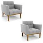 Poltrona Base De Madeira Fixa Castanho Kit 2 Elisa Suede D03