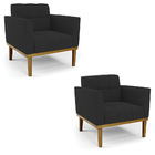 Poltrona Base De Madeira Fixa Castanho Kit 2 Elisa Veludo Pre