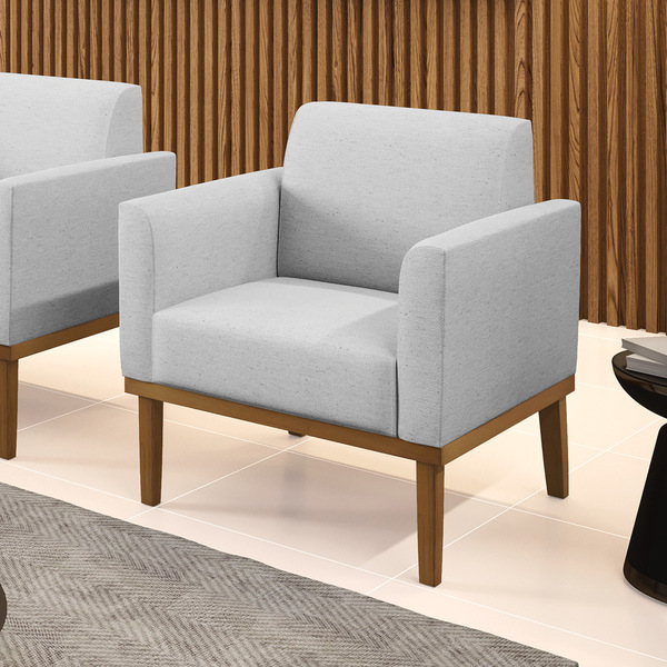 Poltrona Base De Madeira Fixa Castanho Marisa Linho Cinza A05