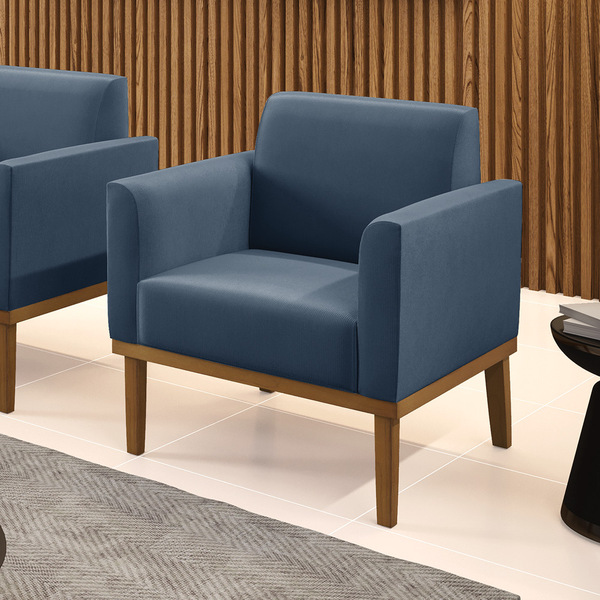 Poltrona Base De Madeira Fixa Castanho Marisa Suede Azul Mari