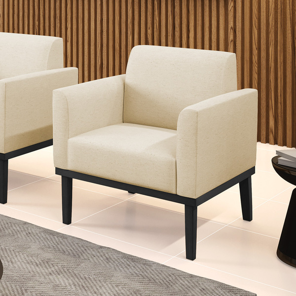 Poltrona Base De Madeira Fixa Preto Marisa Linho - A19 Bege