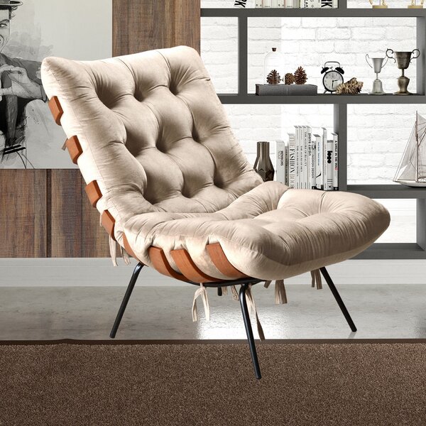 Poltrona Base Fixa Para Sala De Estar Costela Bege Claro