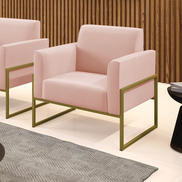 Poltrona Base Industrial Alta Dourado Marisa Veludo Rosê