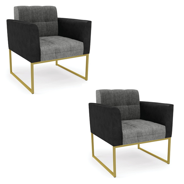 Poltrona Base Industrial Dourado Kit 2 Elisa Preto/linho Graf