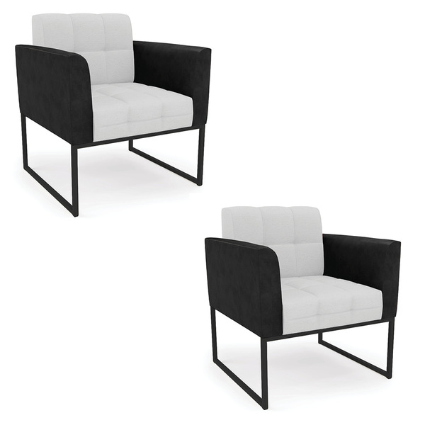 Poltrona Base Industrial Preto Kit 2 Elisa Preto/linho Cinza