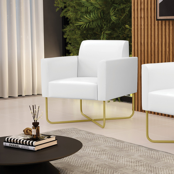 Poltrona Base X Industrial Dourado Marisa Corano Branco