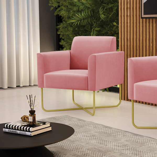 Poltrona Base X Industrial Dourado Marisa Suede - Rose