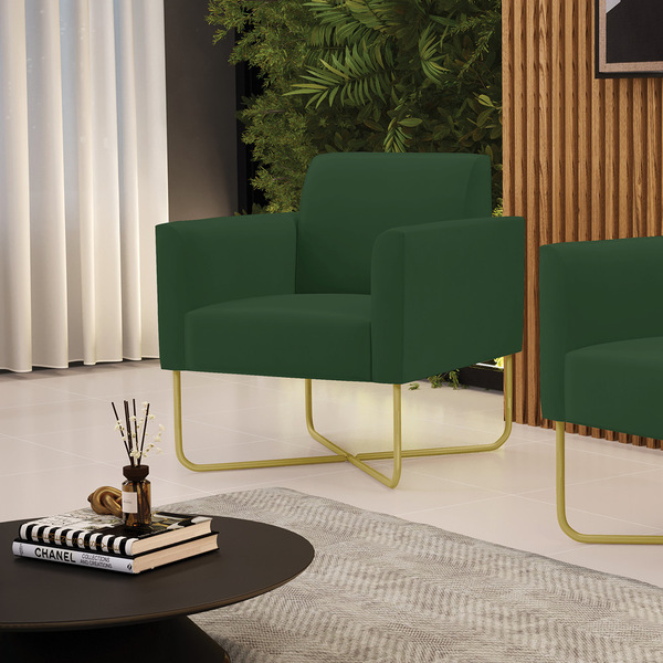Poltrona Base X Industrial Dourado Marisa Veludo Verde  D03 -