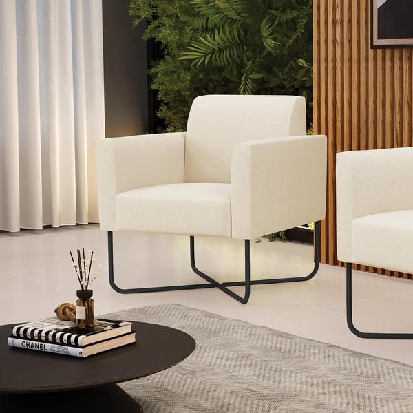 Poltrona Base X Industrial Preto Marisa Linho - A19 Bege