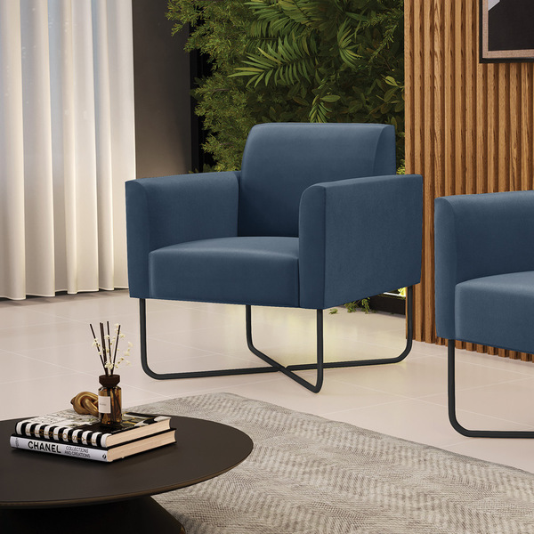 Poltrona Base X Industrial Preto Marisa Suede Azul Marinho