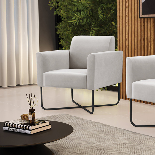 Poltrona Base X Industrial Preto Marisa Veludo - Cinza