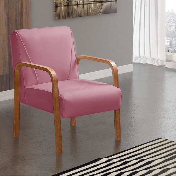 Poltrona Cadeira Moderna Braço Madeira Anita Rosa
