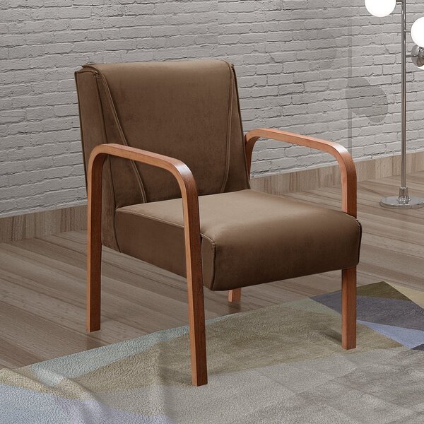 Poltrona Cadeira Moderna Braço Madeira Anita Veludo Marrom