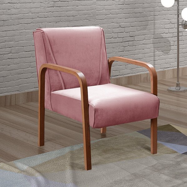 Poltrona Cadeira Moderna Braço Madeira Anita Veludo Rosé