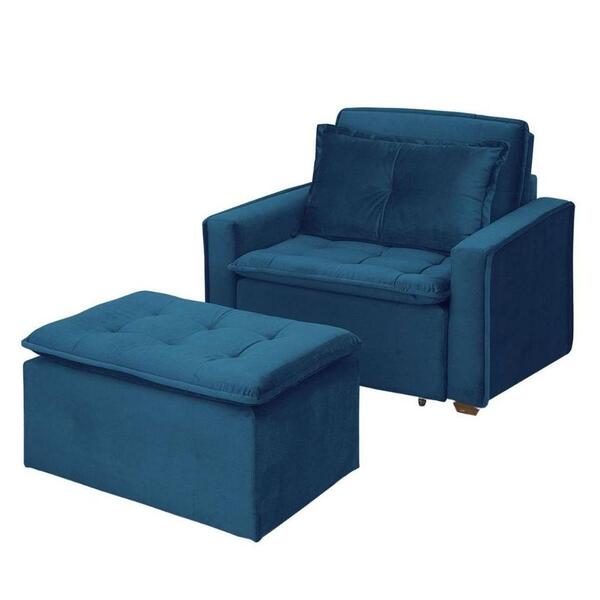 Poltrona Cama Retrátil Reclinável Com Puff Suede Azul Descans