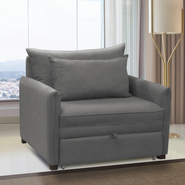 Poltrona Cama Retrátil Solteiro Com Rodízio Cloe Bouclê Cinza