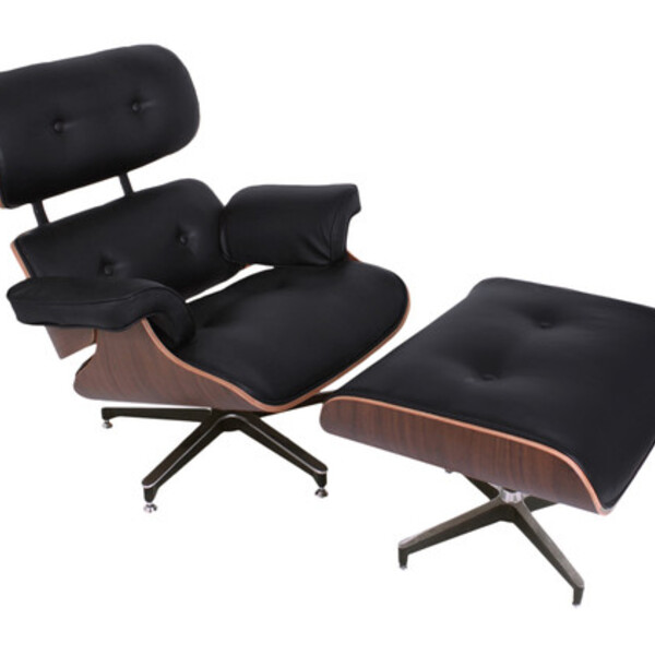 Poltrona Charles Eames Com Puff Em Couro Natural Cor Preto -