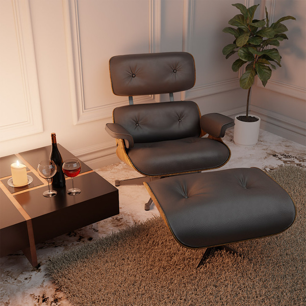 Poltrona Charles Eames Com Puff Sintético Preto - Doce Sonho