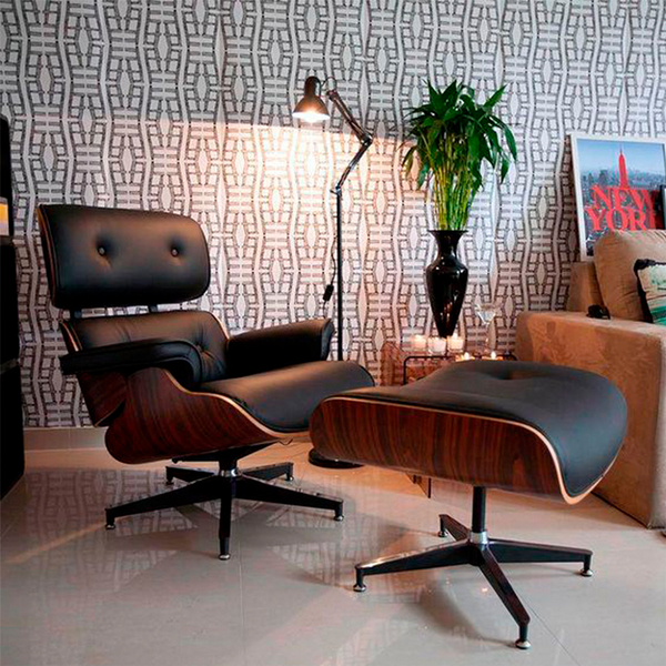 Poltrona Charles Eames Para Sala Com Puff Preto