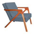 Poltrona Com Braço De Madeira Zoe Estilo Moderno Linho Azul -