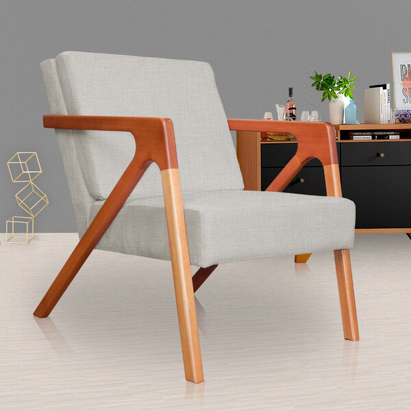 Poltrona Com Braço De Madeira Zoe Estilo Moderno Linho Bege