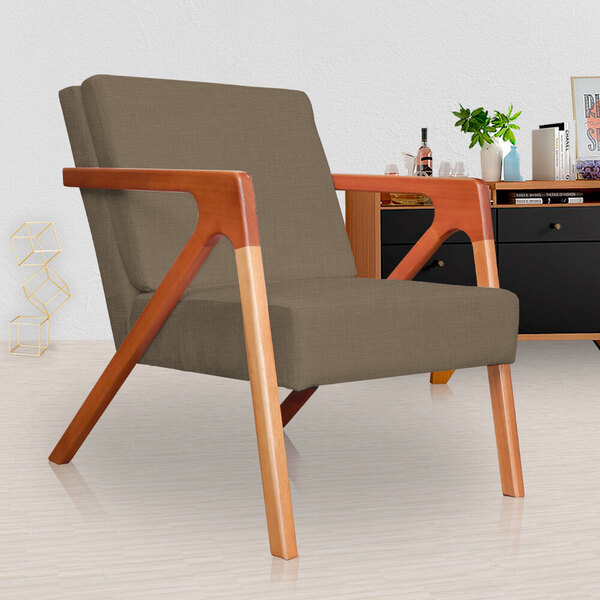 Poltrona Com Braço De Madeira Zoe Estilo Moderno Linho Marrom