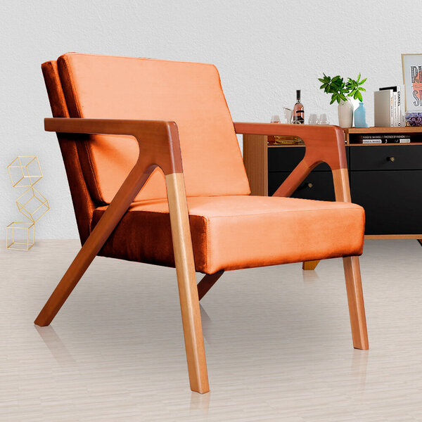 Poltrona Com Braço De Madeira Zoe Estilo Moderno Veludo Escol