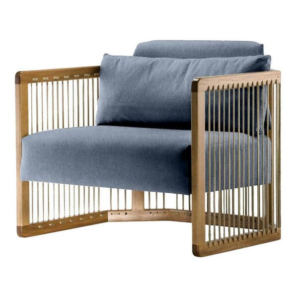 Poltrona Com Braço Mava Algodão Azul Madeira Cedro Corda Plan