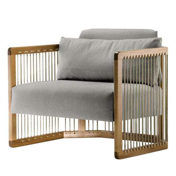 Poltrona Com Braço Mava Algodão Cinza Madeira Cedro Corda Pla