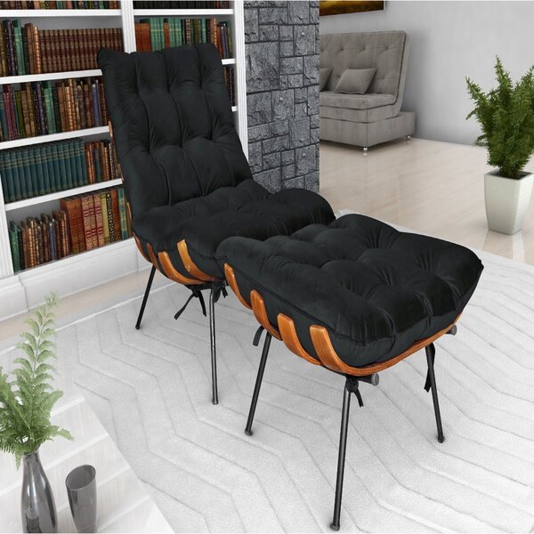 Poltrona Com Puff 152cm Costela Karine Matrix Veludo Preto