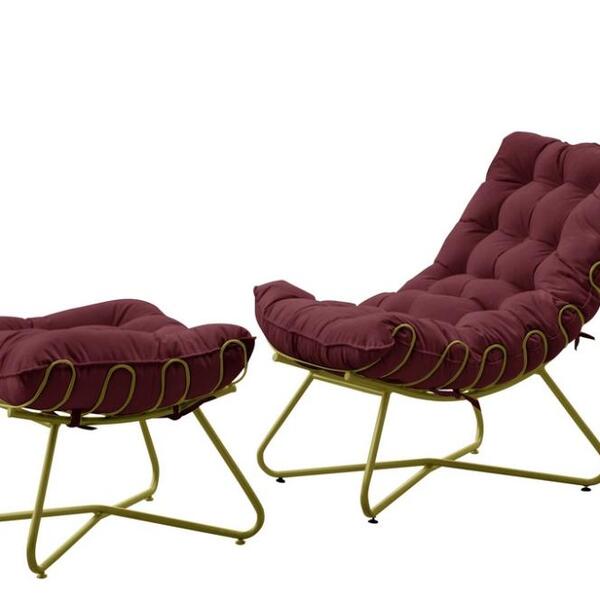 Poltrona Com Puff Costela Eva Aramada - Veludo Bordo