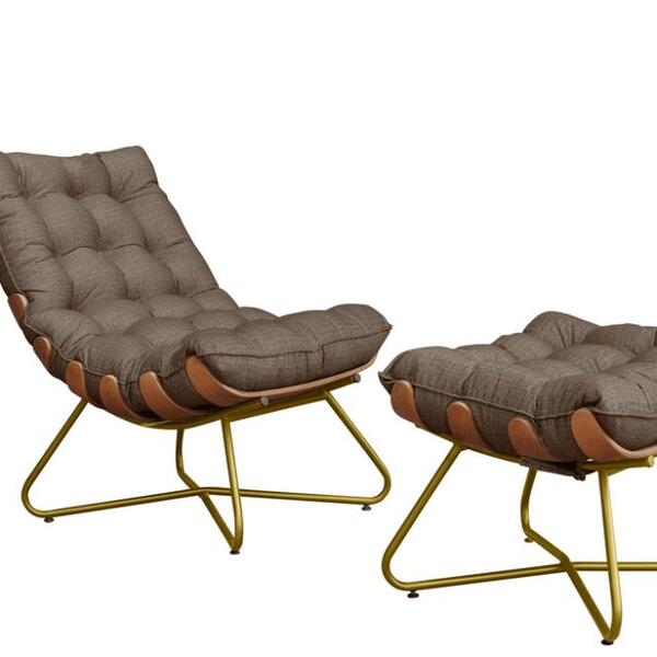 Poltrona Com Puff Costela Eva - Linho Marrom