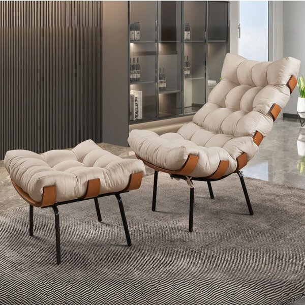 Poltrona Com Puff Costela Linho Bege Médio
