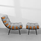 Poltrona Com Puff Costela Linho Cinza