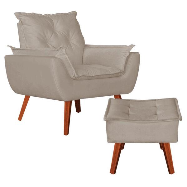 Poltrona Com Puff Decorativo Opala Suede Creme Kasa Sofá