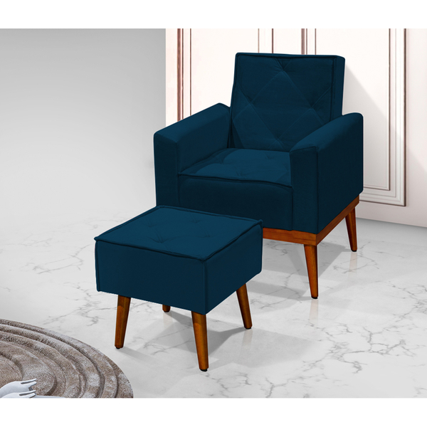 Poltrona Com Puff Florença Decorativa Pés Palito Madeira Velu