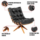 Poltrona Com Puff Giratório Costela Couro Preto Base De Madei