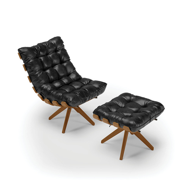 Poltrona Com Puff Giratório Costela Sintético Pu Preto Base D