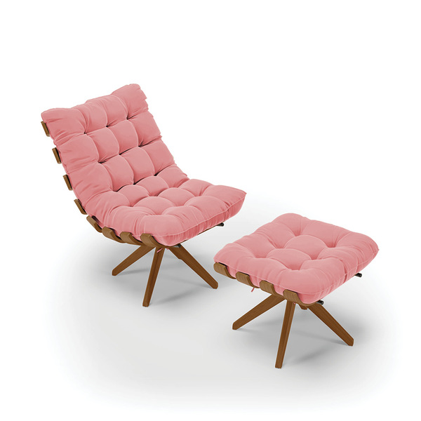 Poltrona Com Puff Giratório Costela Suede Rosê Base De Madeir